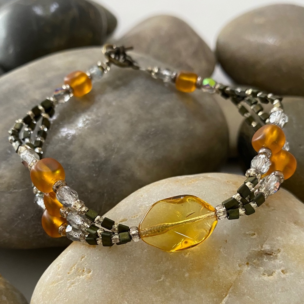 Handmade Honey Quartz & Amber Swarovski Crystal Hematite Artisan Beaded Bracelet
